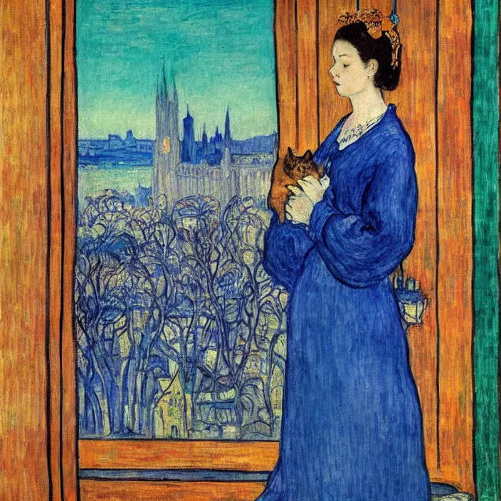 Prompt: portrait of woman in night gown with cat, with city with gothic cathedral seen from a window frame with curtains. sunset. lapis - lazuli, malacchite, turquoise, indigo. lucas cranach, bonnard, henri de toulouse - lautrec, utamaro, matisse, monet