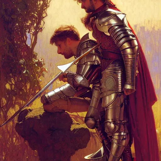 Image similar to attractive arthur pendragon and his attractive male knight, they are in love, natural lighting, path traced, highly detailed, high quality, digital painting, by gaston bussiere, craig mullins, alphonse mucha j. c. leyendecker