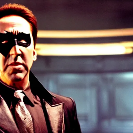 Image similar to Film still of Nicolas Cage as Batman, 4k