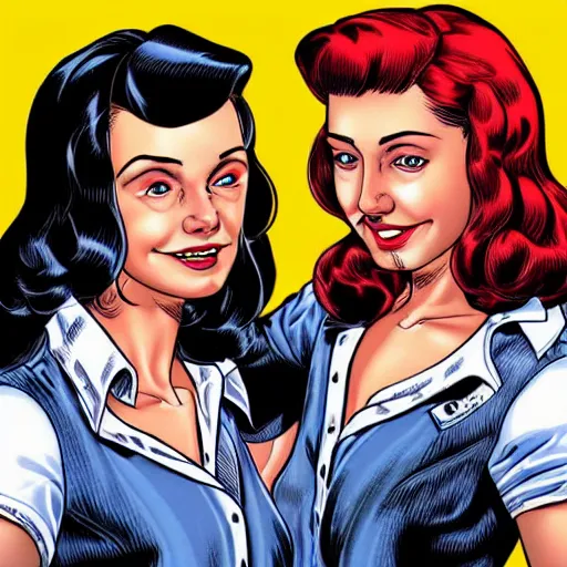 Image similar to a beautiful realistic portrait of Betty and Veronica by Brian Bolland, trending on ArtStation