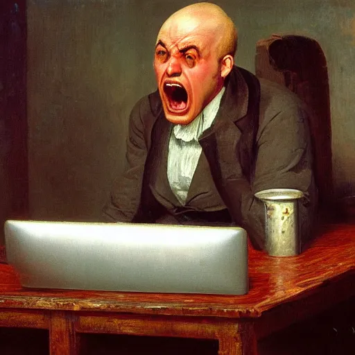 Image similar to an angry man yells at his computer monitor, oil on canvas, 1 8 8 3, highly detailed