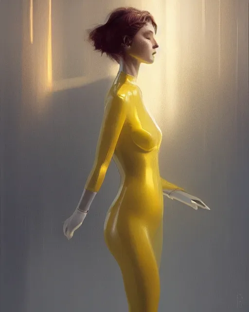 Image similar to woman in yellow latex clothe painted by István Sándorfi volumetric lighting, back lighting, rimlight, dramatic lighting, digital painting, highly detailed, artstation, sharp focus, illustration, Artgerm, Jean-Léon Gérôme , ruan jia