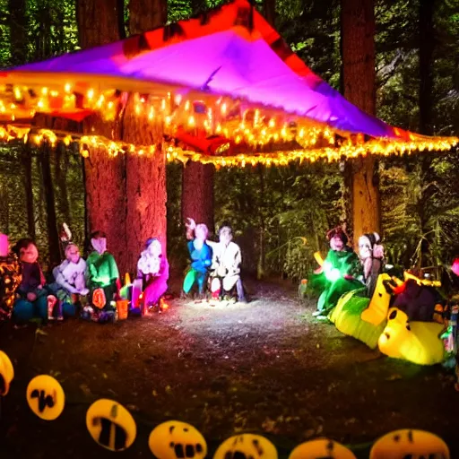 Image similar to photo of caterpillar birthday party in the forest at night