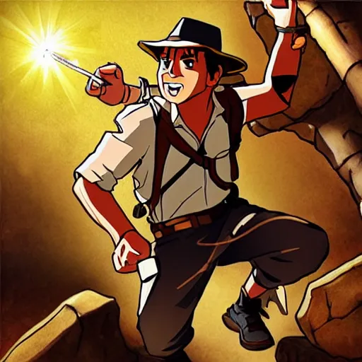 Image similar to Indiana Jones running away from boulder trap, raiders of the lost ark, anime style