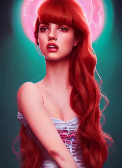 Image similar to full body portrait of teenage cheryl blossom, bangs, green eyes, sultry expression, red hair, sultry smirk, bangs and wavy hair, pink skirt, bangs, intricate, elegant, glowing lights, highly detailed, digital painting, artstation, concept art, smooth, sharp focus, illustration, art by wlop, mars ravelo and greg rutkowski