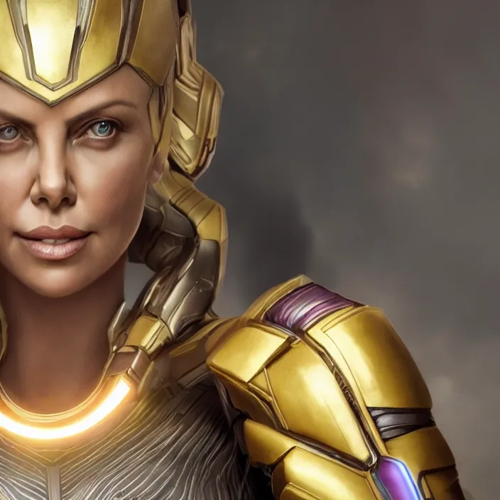 Image similar to portrait of Charlize Theron, wearing The Infinity Gauntlet. intricate artwork. octane render, trending on artstation, very coherent symmetrical artwork. avengers. thanos. cinematic, hyper realism, high detail, octane render, 8k, iridescent accents