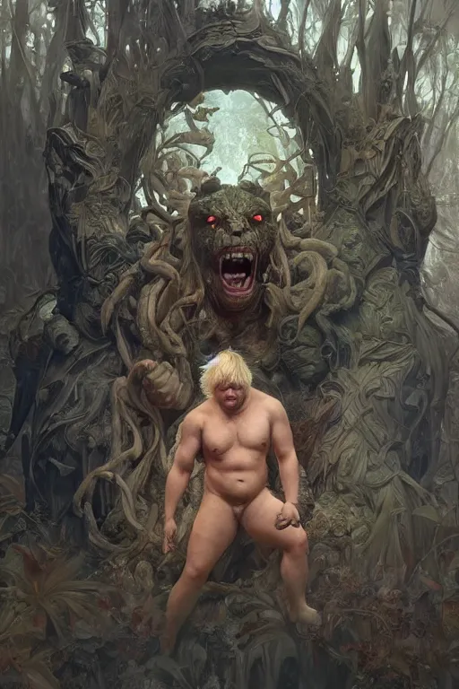 Image similar to portrait of boris johnson as a hulking herculean demon, forest, godlike, full body, fantasy, intricate, elegant, highly detailed, digital painting, artstation, concept art, sharp focus, illustration, art by artgerm and greg rutkowski and alphonse mucha