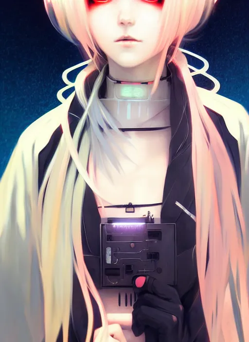 Image similar to portrait Anime girl cyberpunk, cute-fine-face, white-hair pretty face, realistic shaded Perfect face, fine details. Anime, cyberpunk. realistic shaded lighting by Ilya Kuvshinov and Gustav Klimt