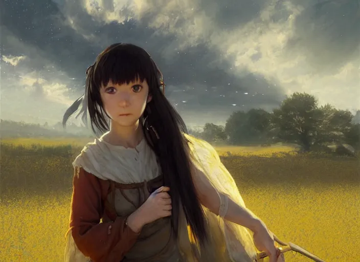 Prompt: lain iwakura lain as medieval peasant working in the field wiping off sweat yellow hairclip sparkling amber cute eyes wonderful masterpiece highly detailed scifi, beautiful cinematic light deep focus, elegant, digital painting, smooth, sharp focus, golden ratio, dramatic illumination, ultra realistic, 4 k, art by greg rutkowski wlop rossdraws