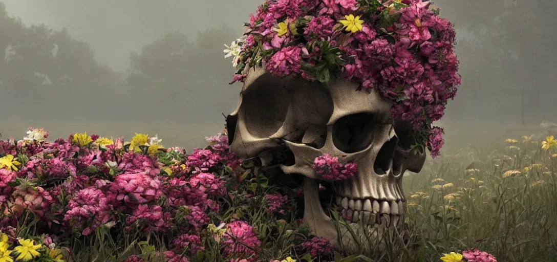 Prompt: a skull surrounded by flowers, foggy, cinematic shot, photo still from movie by denis villeneuve, wayne barlowe