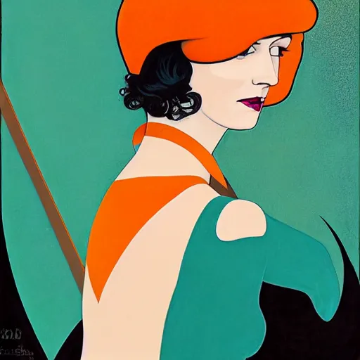 Image similar to Eva Green, Art by Coles Phillips, Orange bodysuit, Chalk white skin, deep purple hair, Green eyes, Portrait of the actress, Eva Green as Metamorpho, geometric art, Ramona Fradon, poster, no text, Alphonse Mucha, Vasily Kandinsky, carbon black and antique gold