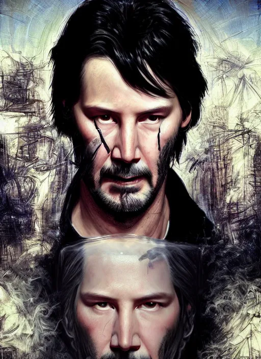 Image similar to keanu reeves as sandman, with fingers and hair turning into smoke, vertigo, shaved, pale skin!, fantasy, intricate, elegant, highly detailed, digital painting, artstation, concept art, wallpaper, smooth, sharp focus, illustration, art by artgerm and greg rutkowski and alphonse mucha