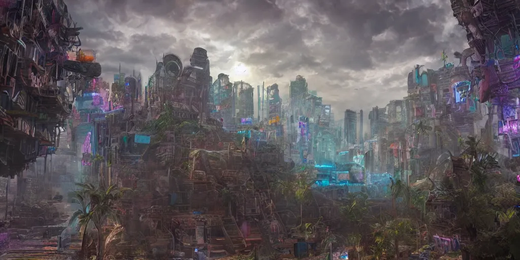 Image similar to a mayan city in the future with sunshaft, bloom, depth of field, rendered in unreal engine, with slow flash sync, kodak film, realistic, craig mullins style, realistic style, neon lighs, chrome, cyberpunk, digital art