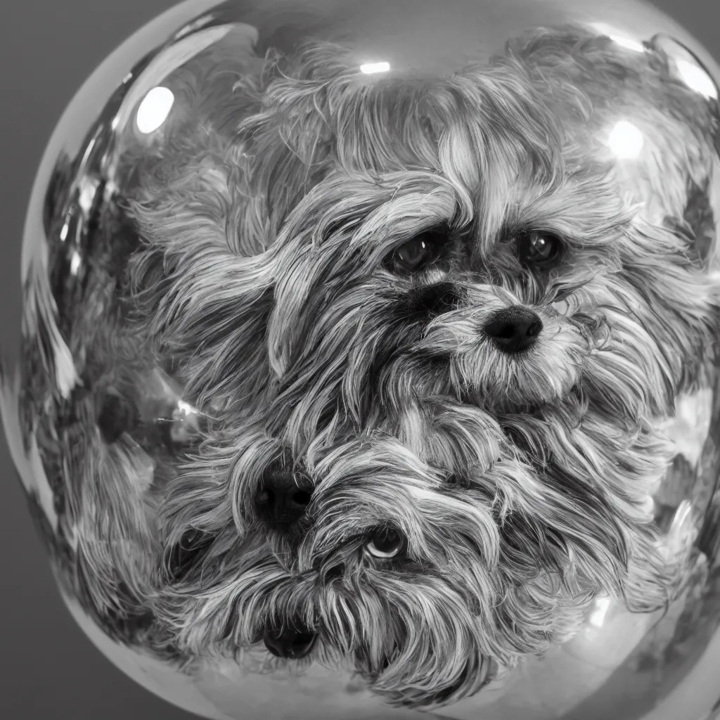 Image similar to full length portrait of a havanese dog reflected in a chrome sphere, ultra wide 1 0 mm, by m c escher pen and paper