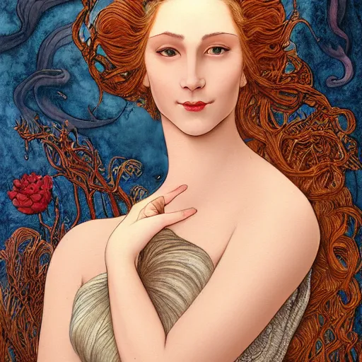 Image similar to facial portrait of a young pretty woman in flowing dress, arrogant, mysterious, long fine flowing hair, delicate, looking at camera, slightly awkward smile, realistic face, hands behind back, stylish, elegant, grimdark fantasy, flowers, art nouveau, extremely detailed painting inspired by Gerald Brom and Ernst Haeckel and Kaluta