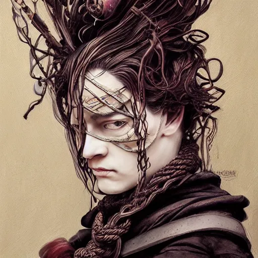 Image similar to portrait of a Shibari rope wrapped face and neck, headshot, insanely nice professional hair style, dramatic hair color, digital painting, of a old 17th century, old cyborg merchant, amber jewels, baroque, ornate clothing, scifi, realistic, hyperdetailed, chiaroscuro, concept art, art by Franz Hals and Jon Foster and Ayami Kojima and Amano and Karol Bak,