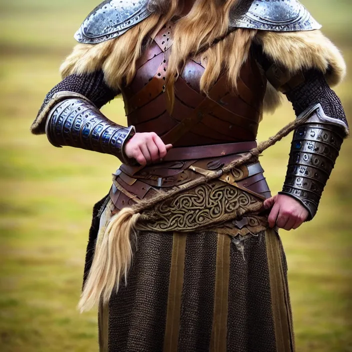 Image similar to full length photograph of a real-life beautiful female viking with intricate cloak and armour, Extremely detailed. 8k