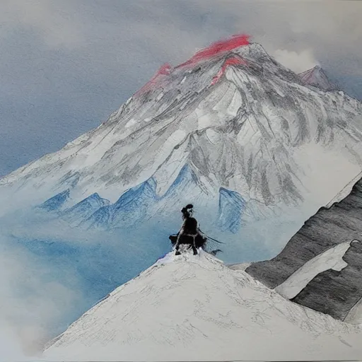 Image similar to painting of a lonesome warrior at the peak of himalayas, style of hiroki takeda