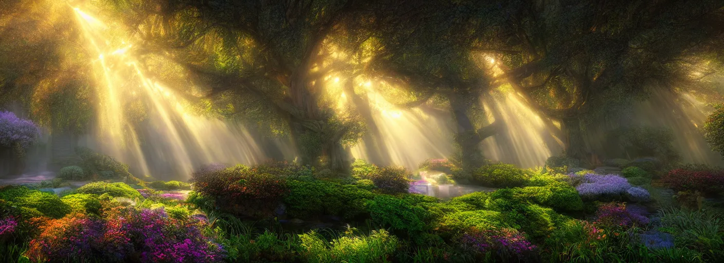 Prompt: photograph of enchanted garden, mist with rays of light by marc adamus, highly detailed, intricate detail, cinematic lighting, 8 k,