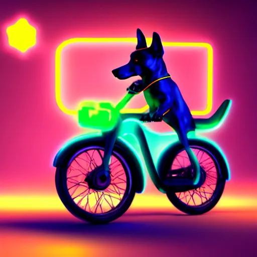 Image similar to dog riding a neon bike in the night, digital art, hd, high quality, trending on artstation