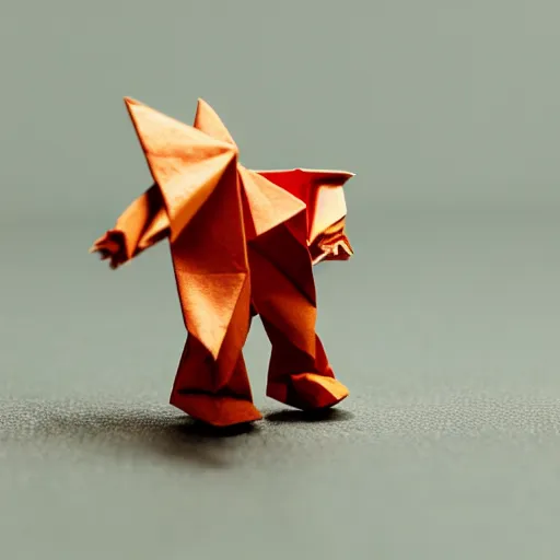 Prompt: close up photo of a small origami obese man, cinematic, shallow dof, 3 5 mm, 4 k, macro