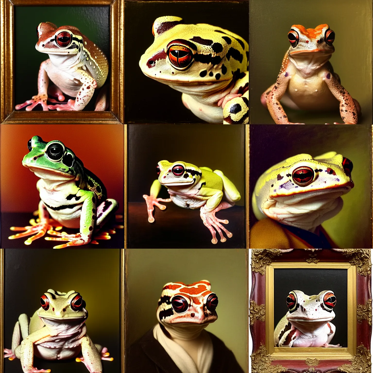 Prompt: a head - and - shoulders portrait of an amazon milk frog looking off camera wearing male colonial attire, an american romanticism painting, a portrait painting, cgsociety, soft focus, oil on canvas