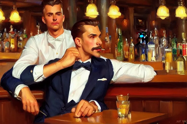 Image similar to attractive man sitting in a bar, painting by vladimir volegov, j. c. leyendecker, tom of finland, trending on artstation