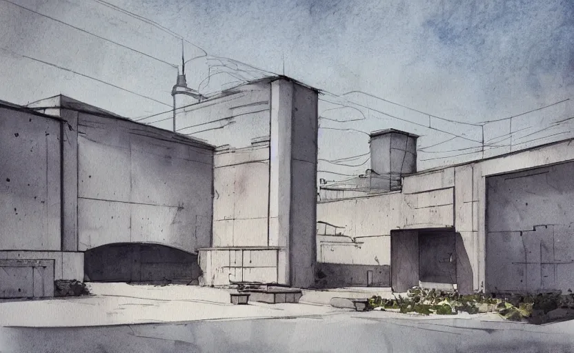 Image similar to concept art of a concrete factory exterior, pinterest, artstation trending, behance, watercolor, by coby whitmore, silver, laser light,