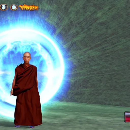 Prompt: tibetan monk sorcerer doing battle with invisible demonic forces in second life