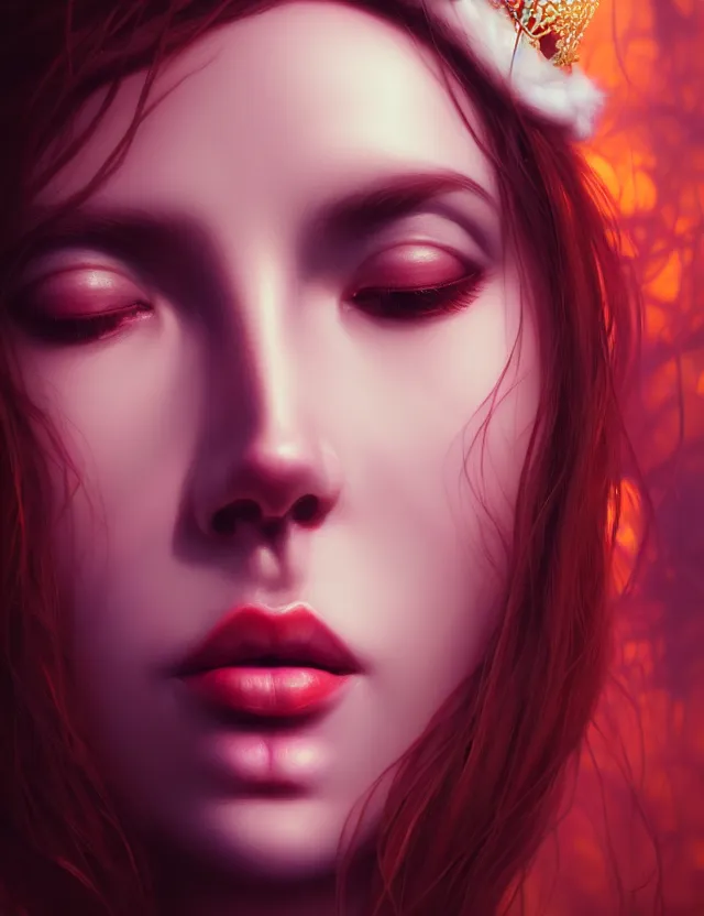 Image similar to blurred background. close-up portrait of a goddess in crown, by Artgerm and Afarin Sajedi and Alena Aenami. octane render. superrealism