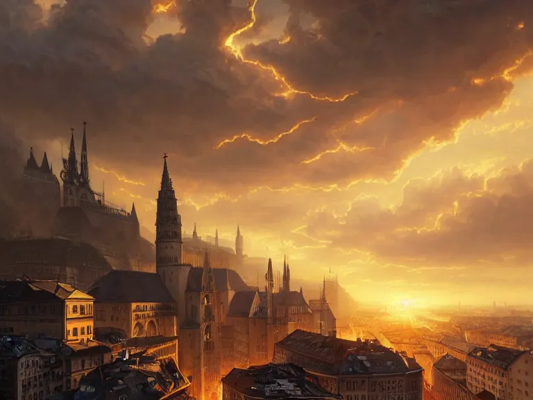 Prompt: , city of munich!!!, multiple nuclear explosions!!!, rubble, hyperrealistic, highly detailed, cinematic, single ray of golden sunlight, beautiful, cgssociety, artstation, 8 k, oil painting by greg rutkowski, by artgerm, by wlop