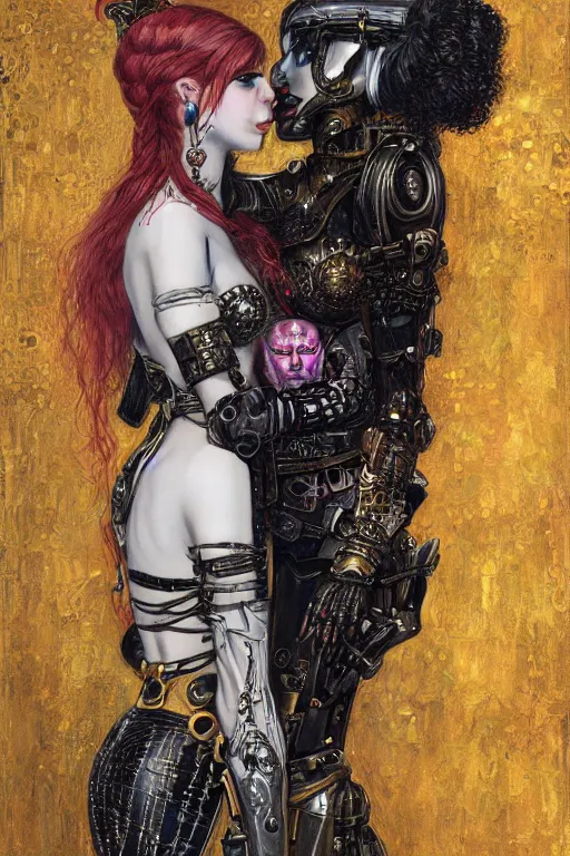 Image similar to portrait of two beautiful young gothic cyborg maidens, cyberpunk, Warhammer, kiss, highly detailed, artstation, illustration, art by Gustav Klimt