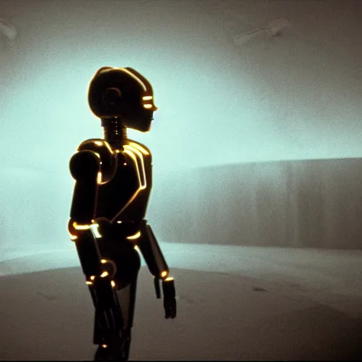 Image similar to movie still of robot with glowing third eye, cinematic composition, cinematic light, criterion collection, by david lynch