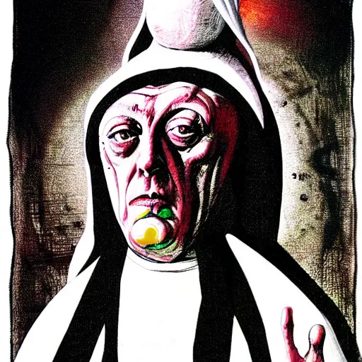 Image similar to graphic illustration, creative design, aleister crowley as a nun, biopunk, francis bacon, highly detailed, hunter s thompson, mixed media