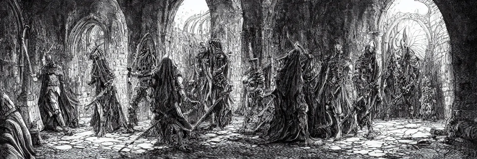 Prompt: dark souls entering the labyrinth pen-and-ink illustration by Franklin Booth, fish eye lens