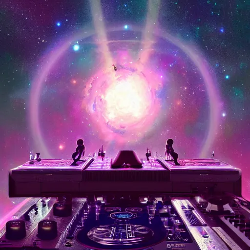 Image similar to Djing in front of the universe, digital art, trending on artstation, by Greg Rutkowski, 4K