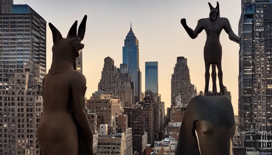 Image similar to a giant anubis statue placed in new york, sunset, drone footage, sharp focus, professional photo