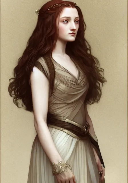 Image similar to little pretty girl sansa stark, intricate, elegant, highly detailed, digital painting, artstation, concept art, smooth, sharp focus, illustration, art by artgerm and greg rutkowski and alphonse mucha and william - adolphe bouguereau