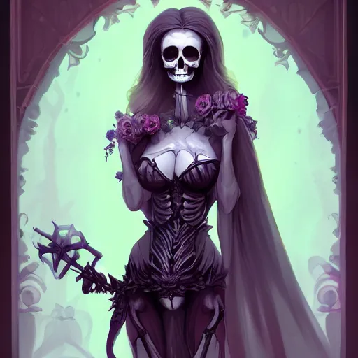 Prompt: a beautiful feminine necromancer raising the dead, illustration, skeleton, character design by nixeu, artstation, 2 d cg