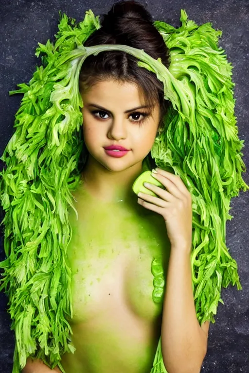 Image similar to selena gomez made out of celery, a human face with celery for hair, a bunch of celery sitting on a cutting board, professional food photography, selena gomez wearing green body paint