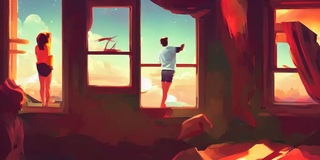 Prompt: two people looking out a window at the sky, poster art by rhads, behance contest winner, space art, synthwave, retrowave, speedpainting