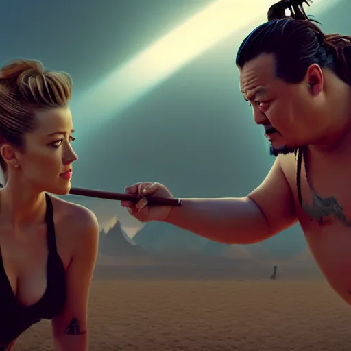 Image similar to Amber Heard and Johnny Depp are sumo fighting, artstation, matte painting, highly detailed, intricate, concept art, dramatic cinematic lighting, octane render, 8k, unreal engine