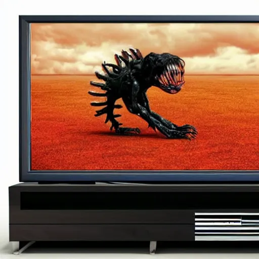 Prompt: a terrible creature crawling out of the TV screen like in the movie The Ring