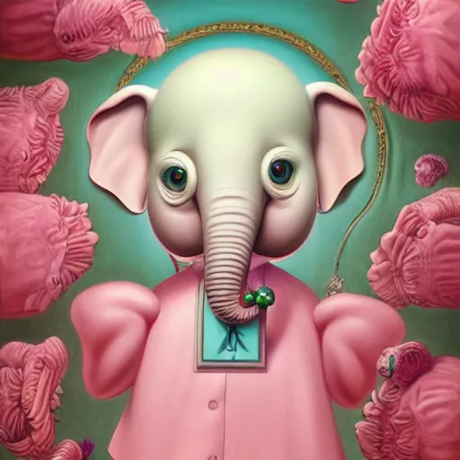 Image similar to a surreal picture of a pink elephant pastel colors by mark ryden insanely quality, elegant, highly detailed, digital painting, artstation, concept art, pop, smooth, sharp focus, illustration, art by mark ryden and lisa frank and dali 3 d 8 k ultra detailed