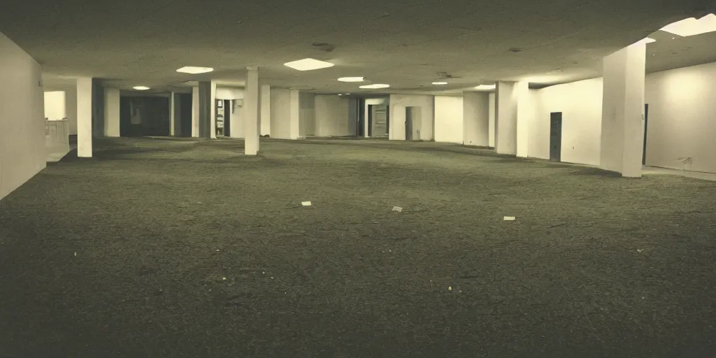 Image similar to a weird place full of people but now empty with eerie feeling, disposable colored camera, camera flash, house, mall, hallway, playground, office, pool, interior, room, full of things