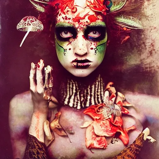 Prompt: kodak portra 4 0 0, wetplate, photo of a surreal artsy dream scene,, exotic girl, ultra - realistic face, expressive eyes, weird fashion, red makeup, grotesque, extravagant dress, carneval, animal, wtf, photographed by paolo roversi style