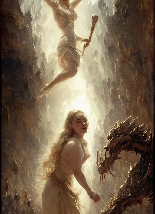 Image similar to mischievous emilia clarke, happy, detailed, by gaston bussiere, bayard wu, greg rutkowski, giger, maxim verehin, greg rutkowski, masterpiece, sharp focus, cinematic lightning