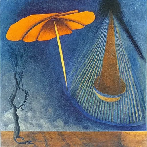 Image similar to an original painting by remedios varo, uses gold, airy, blue, orange and violet as colors