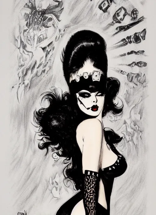Prompt: of a goth girl burlesque psychobilly punk, detailed face, black hair, white background, drawing, illustration by frank frazetta