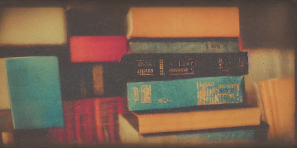 Prompt: analog polaroid of a stack of books, vintage colors, color bleed, gritty